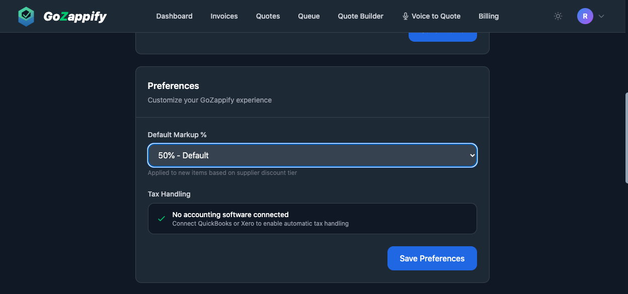 Markup settings section