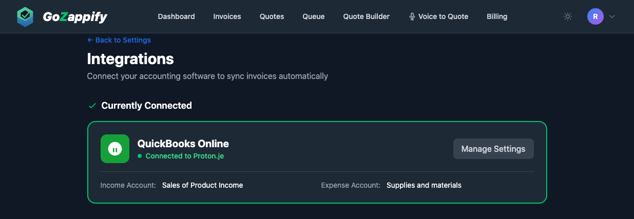 QuickBooks connected status
