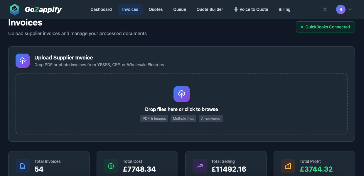 Upload area on Invoices page